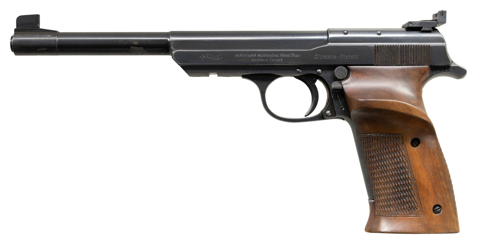 WALTHER MODEL 1936 OLYMPIA SEMI-AUTOMATIC PISTOL: Cal. 22 LR. S# 6978. Bbl. 7 7/16". Model 1936 Olympia semi-automatic pistol mfg. by Walther. Left side of the slide is marked with the Walther banner logo, followed by Walther's mfg. information, and