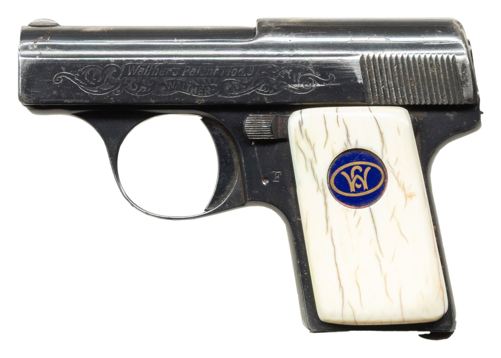 ENGRAVED WALTHER MODEL 9 SEMI-AUTOMATIC PISTOL.: Cal. 25 ACP. S# 595226. Bbl. 2". Model 9 semi-automatic pistol mfg. by Walther. Left side of the slide is marked "Walther's Patent Mod.9" above the Walther banner logo, with Walther's single line