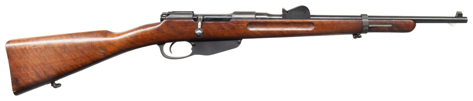 WW2 GERMAN REWORK DUTCH M95 BOLT ACTION CARBINE: Cal. 6.5 Dutch. S# 6422f. Bbl. 18 1/2". Blade front sight. Tangent rear sight graduated to 2000m. Bolt head is mismatched but all other visible matching numbers with underside of butt & a few other