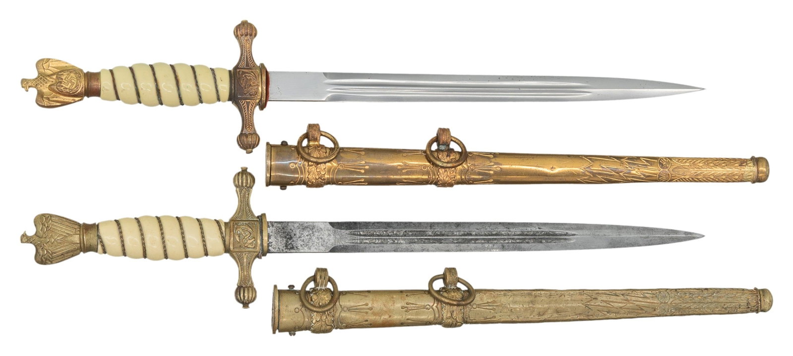 2 WWII GERMAN KRIEGSMARINE DAGGERS.: 1) WWII German Kriegsmarine dagger measuring 16 1/2" overall with a plain double fullered unmarked blade. Gilded brass crossguard with an anchor motif in the center and a gilded brass eagle/Party symb