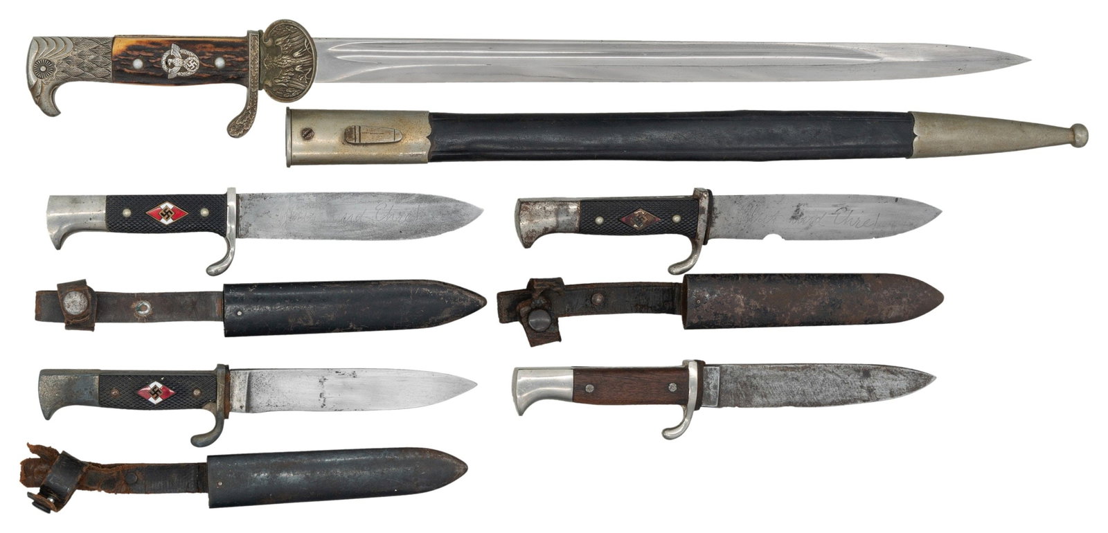 4 WWII GERMAN HJ KNIVES & 1 POLICE DRESS BAYONET. (1 of 2)