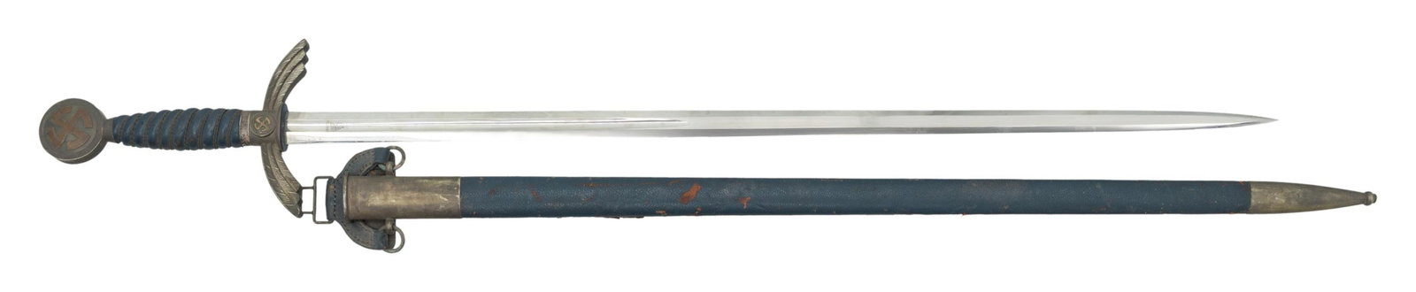 WWII GERMAN LUFTWAFFE OFFICERS SWORD BY SMF.: A nice example of a WWII German Luftwaffe Officers sword measuring 36 1/2" overall with a 28 1/2" plain single fullered blade marked " ( logo ) SMF SOLINGEN ". Plated hilt with feathered guard and