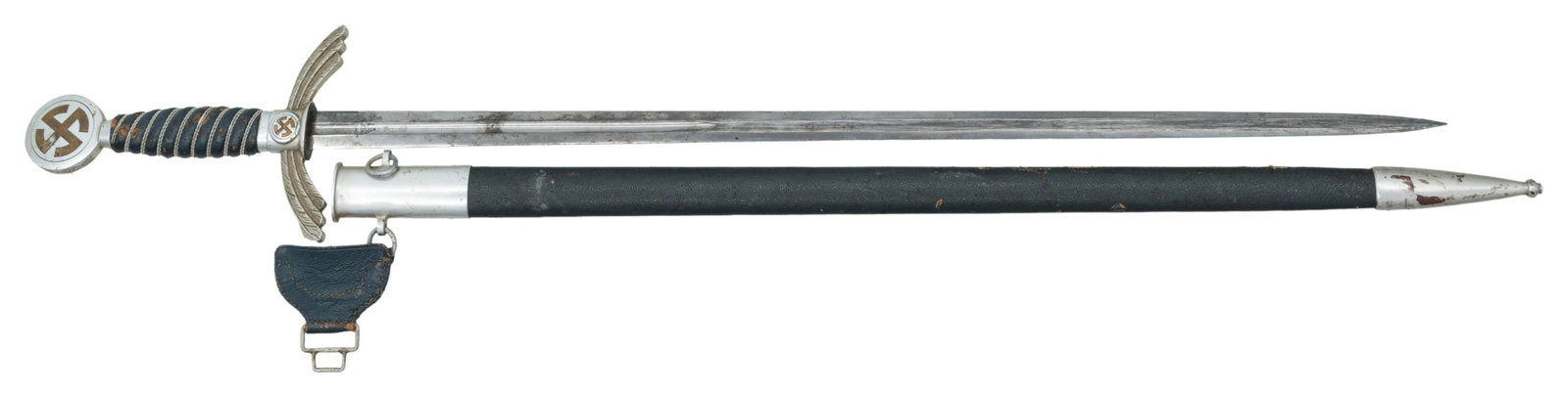 WWII GERMAN LUFTWAFFE OFFICER'S SWORD.: WWII German Luftwaffe officer's sword measuring 34 3/4" overall with a plain 26 1/4" blade marked " (logo) SMF SOLINGEN " with a partial waffenamt. Feathered down turned aluminum cross guard with cent
