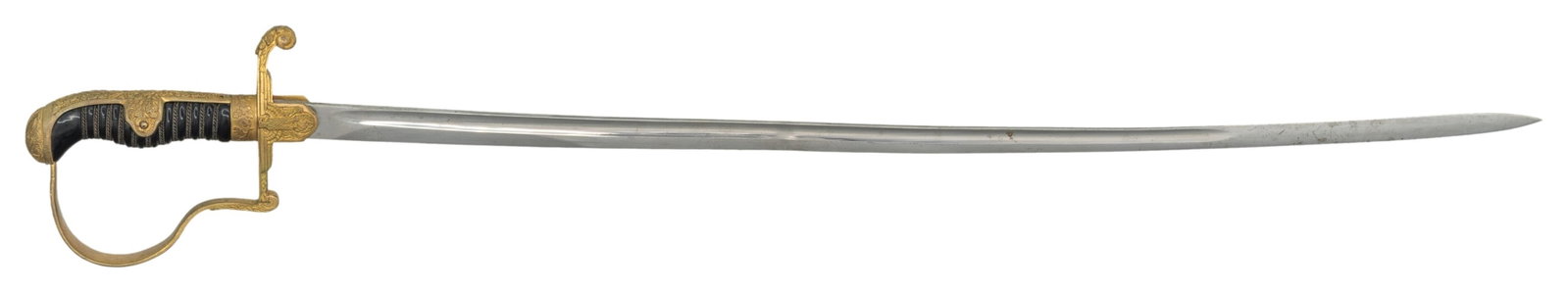 WWII GERMAN OFFICER'S SABER.: WWII German Wehrmacht officer's saber measuring 34 5/8" overall with a 30" plain blade marked " (logo) E. PACK & SOHNE SOLINGEN ". Heavily embellished gilded brass hilt with an eagle on Party symbol o