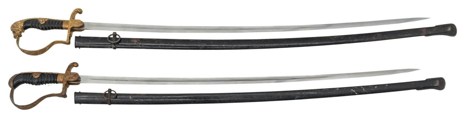 2 WWII GERMAN ARMY SWORDS.: 1) Wehrmacht sword measuring 38 1/2" overall with a plain 31 3/4" blade marked " (logo) WKC ". Gilded brass hilt with the langet showing an eagle and Party symbol. The hilt shows oak leaf