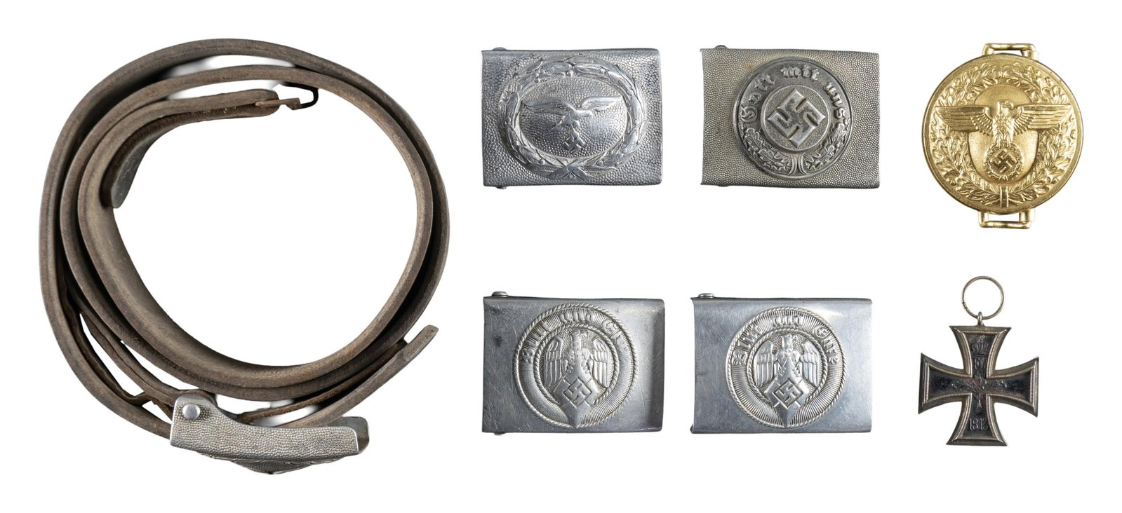 WWII GERMAN BELT BUCKLES & MORE.: This fine lot of WWII German Belt buckles includes 1 aluminum Police belt buckle, 1 aluminum Luftwaffe belt buckle with heavy wear, 2 aluminum HJ belt buckles, 1 gold finished Political Leader's belt 