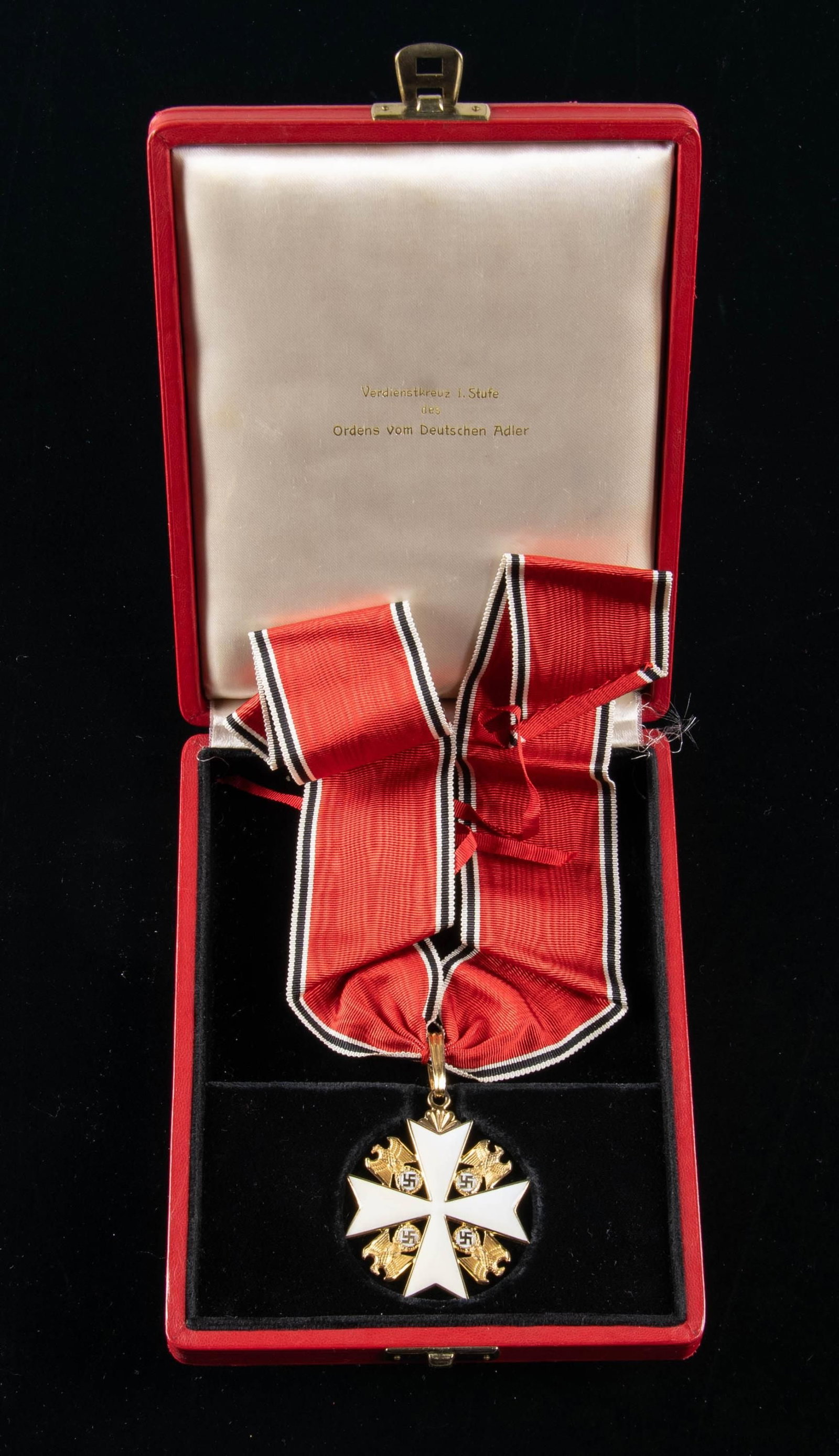 SPECTACULAR WWII ORDERS OF MERIT OF THE GERMAN: EAGLE FIRST CLASS AWARDED TO CONSUL GINO BUSI OF ITALY. A truly stunning example of a rare identified WWII Order of the German Eagle First Class awarded to Gino Busi, Consul of Italy who is best known