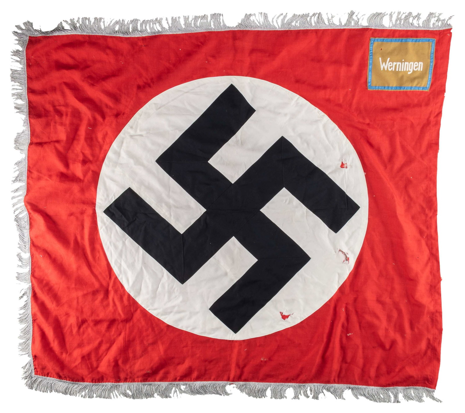 WWII GERMAN SA FLAG OR STANDARD.: WWII German SA flag or standard measuring approximately 47" x 54" not including 2" silver bullion trim on three sides. The red, white and black flag features a central Party symbol with an 8" x 6 1/2"
