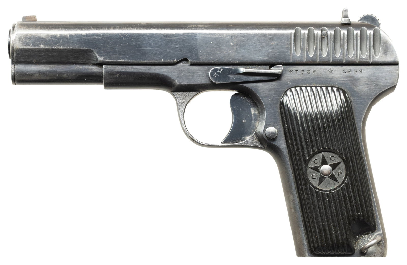RARE RUSSIAN TULA "1938" DATE TT-33 SEMI-AUTOMATIC: PISTOL. Cal. 7.62x25mm. S# T939. Bbl. 4 9/16". TT-33 semi-automatic pistol mfg. at the Tula arsenal in 1938. Left side of the frame is marked with the S#, followed by the Tula arsenal star insignia an