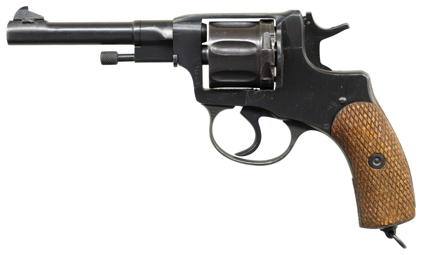 RUSSIAN MODEL 1895 NAGANT DOUBLE ACTION REVOLVER.: Cal. 7.62mm Nagant. S# 189509047. Bbl. 4 1/2". Model 1895 Nagant double action revolver mfg. in Russia. Arsenal markings and year of mfg. have been mostly obliterated, with the arsenal refurbishment p