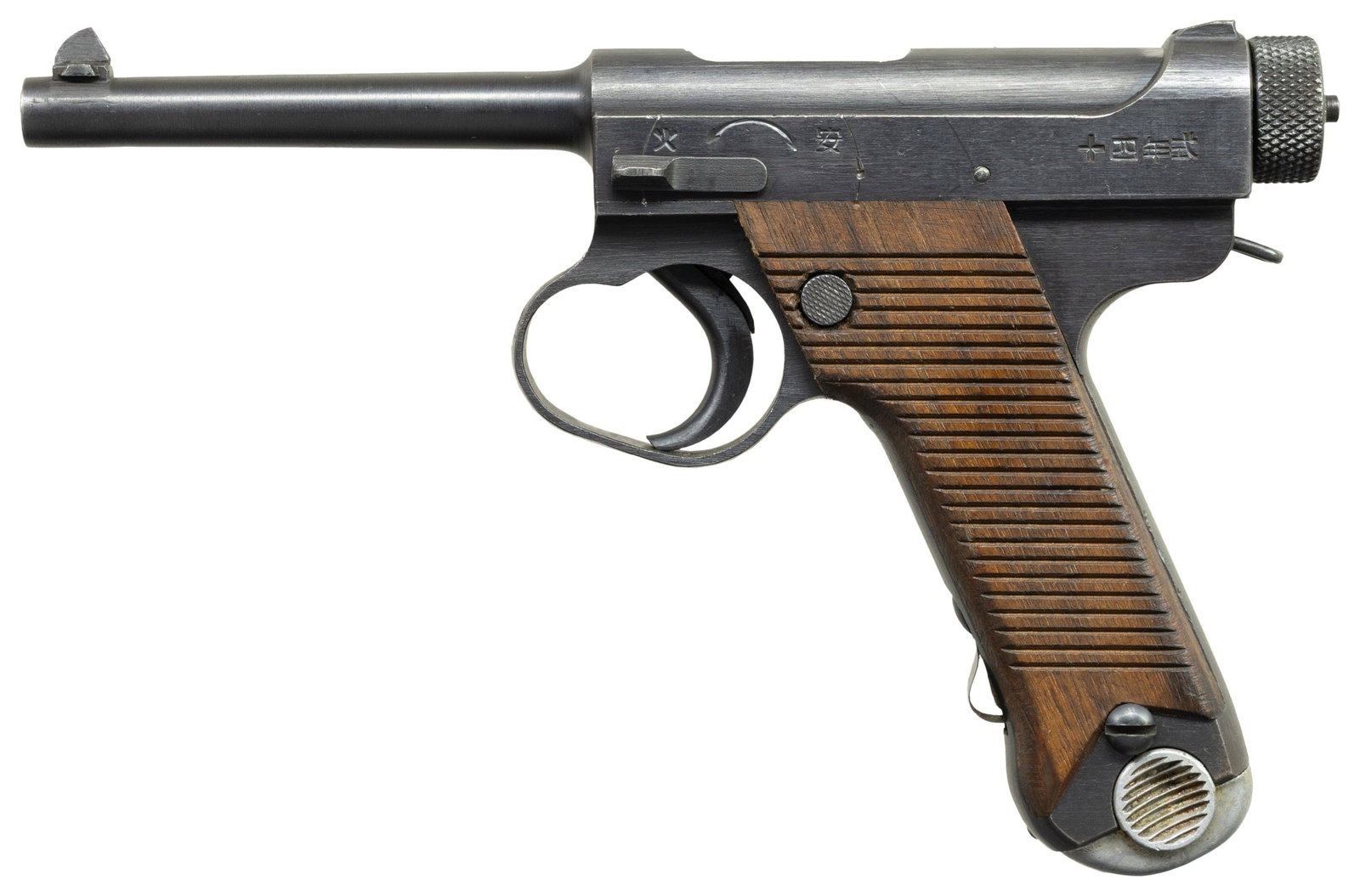 NICE, IMPERIAL JAPANESE, TORIIMATSU, SERIES II,: "19.3" DATE, TYPE 14 NAMBU SEMI-AUTOMATIC PISTOL. Cal. 8mm Nambu. S# 23204. Bbl. 4 9/16". Series II Type 14 Nambu mfg. at Nagoya's Toriimatsu arsenal in 1944. Left side of the frame exhibits Kanji cha