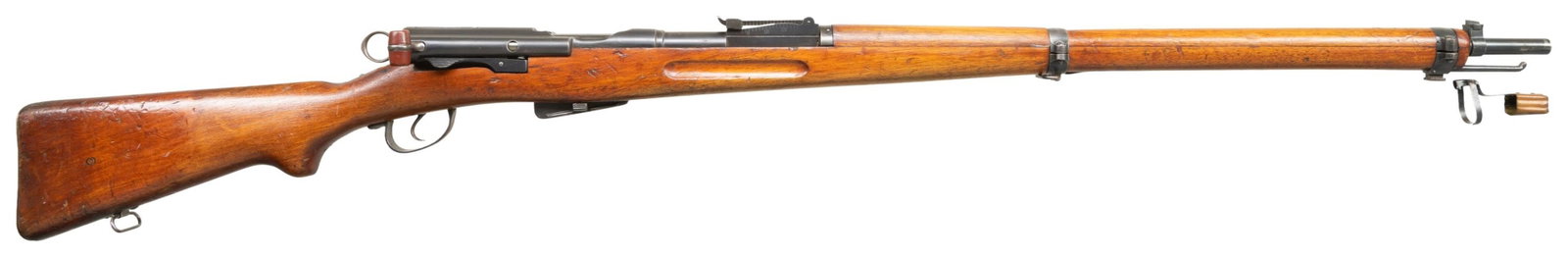 SWISS 1911 STRAIGHT PULL BOLT ACTION RIFLE.: Cal. 7.5 Swiss. S# 464269. Bbl. 30 1/4". Blade front sight. Tangent rear sight graduated to 2000m. All visible matching numbers with rear sight having separate assembly number that matches itself. Lef