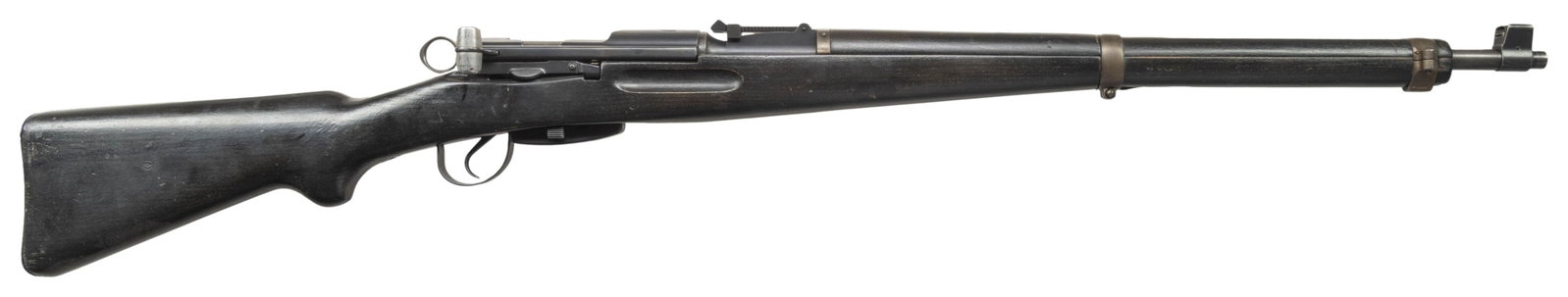 SWISS K31 STRAIGHT PULL BOLT ACTION RIFLE.: Cal. 7.5 Swiss. S# 979790. Bbl. 25 3/4". Standard K31 sights. All visible matching numbers. Reciever ring has Swiss cross shield. Metal has a mix of varied reapplied finishes. Stacking hook missing.