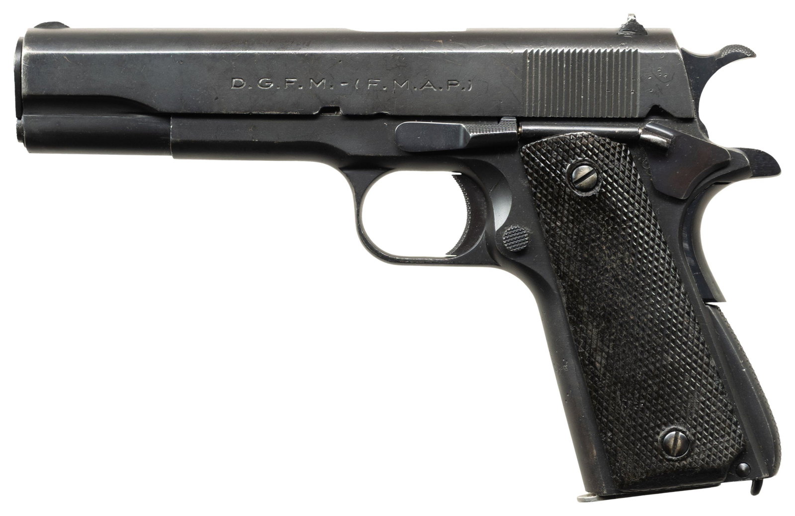 ARGENTINE F.M.A.P. SISTEMA 1927 SEMI AUTO PISTOL: Cal. 45 ACP. S# 38077. Originally a licensed copy of the Colt 1911A1 mfg. 1948 in Argentina. Matching S# on the 5" barrel & slide. Frame has CAI import marks. Two-piece checkered plastic grips. MAGS: 