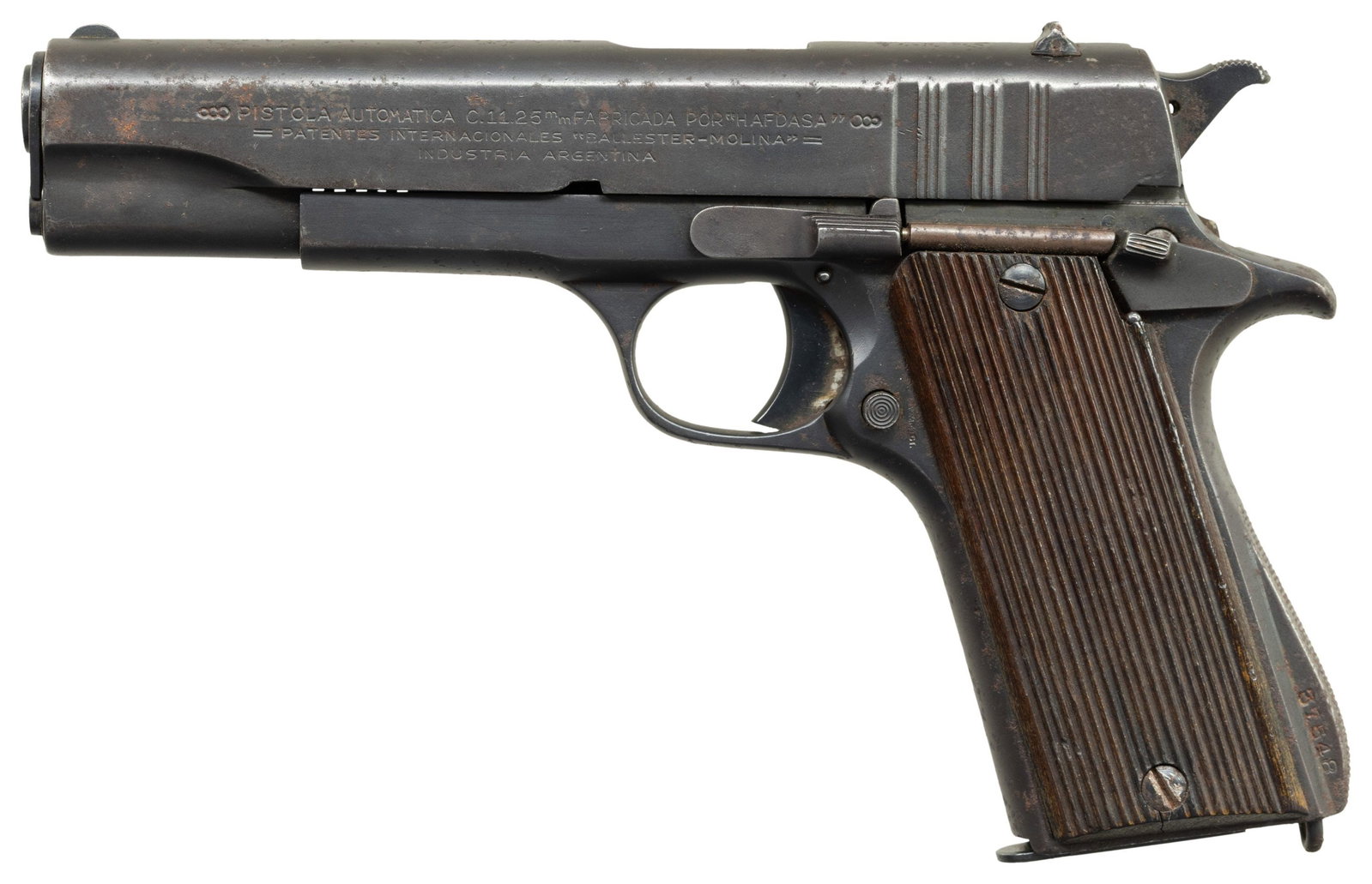 ARGENTINE AIR FORCE HAFDASA BALLESTER-MOLINA: SEMI AUTO PISTOL. Cal. 11.25mm (45 ACP). S# 37548. Halcon 5" bbl. Matching numbered slide. Grooved hardwood grips. MAGS: 1 - 7 rd. CONDITION: fair arsenal reblued finish with oxidation & marks. Good g