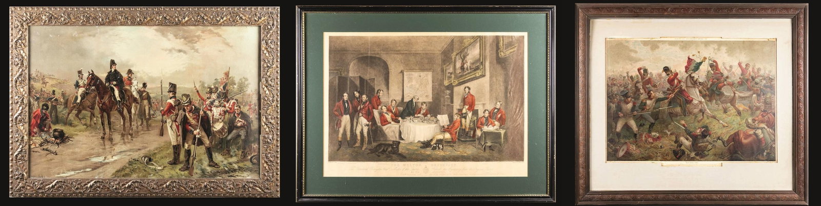THREE MILITARY PRINTS.: 1) Charles G. Lewis of Quorn Hunt of Melton Mowbray preparing for his day with several other prominent Englishmen of the era. SIZE: 20" h x 29" l. OVERALL: 27-1/2" h x 36" l. CONDITION: print, frame &