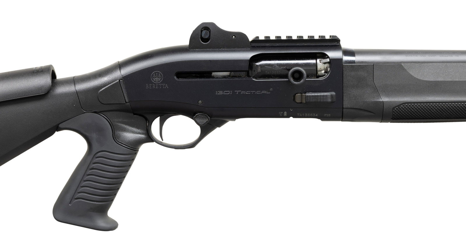 BERETTA 1301 TACTICAL SEMI AUTO SHOTGUN.: Cal. 12 Ga., 2 3/4" & 3". S# TA136634. Mfg. 2025. Bbl. 18.5" w/ cyl. bore. Ghost ring sights. Black synthetic pistol grip stock set w/ adj. comb. UNATTACHED ACCESSORIES: plastic case. CONDITION: near 