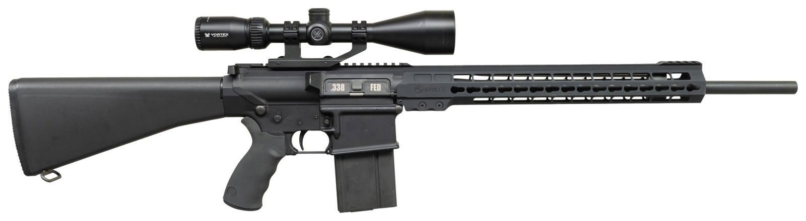 ARMALITE AR-10 .338 FEDERAL SEMI-AUTOMATIC RIFLE: WITH SCOPE, CUSTOMIZED BY J. WHITE. Cal. 338 Federal. S# US569163. Bbl. 20". AR-10 semi-automatic rifle mfg. by Armalite and subsequently converted to .338 Federal and customized by J. White Gunsmithi
