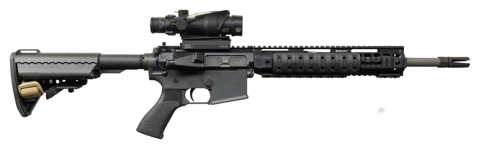 CUSTOM COLT AR-15A2 HBAR SPORTER SEMI-AUTOMATIC: RIFLE WITH TRIJICON 4X32 ACOG. Cal. 5.56mm. S# SP243528. Bbl. 16 1/8" (with pinned and welded flash hider). AR-15A2 HBAR Sporter semi-automatic rifle mfg. by Colt. Left side of the receiver exhibits s