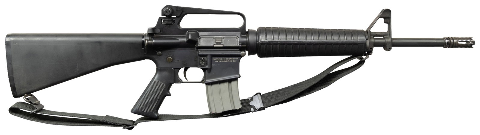 LEO MARKED ARMALITE M15A2 SEMI-AUTOMATIC RIFLE.: Cal. 5.56mm. S# US104769. Bbl. 16". M15A2 semi-automatic rifle mfg. by Armalite for Law Enforcement use. Left side of the receiver exhibits standard factory markings denoting the model and cal. design