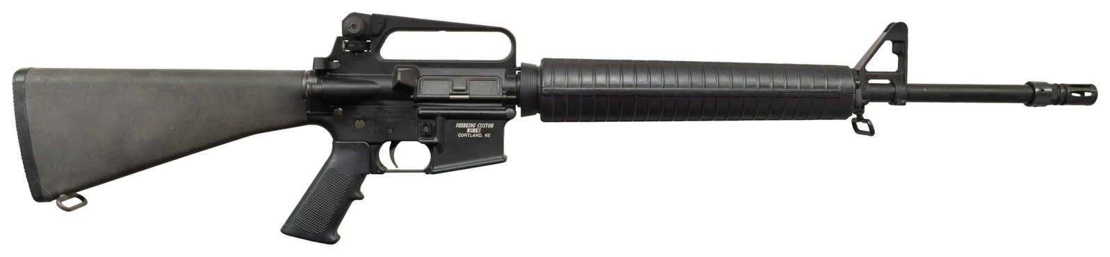 LAR / FRERKING CUSTOM WORKS LAR-15 SEMI-AUTOMATIC: RIFLE. Cal. 223. S# LA00200. Bbl. 20". LAR-15 semi-automatic rifle mfg. by LAR. Left side of the receiver is marked with the S# between 2 milled viewing windows, with LAR's mfg. information marked