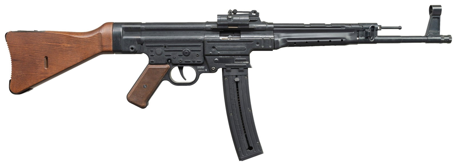 ATI GSG STG-44 SEMI AUTO RIFLE.: Cal. 22 LR. S# A503442. Bbl. 16 1/4". STG-44 style sights with tangent rear graduated to 100m. GSG made STG-44 style rimfire rifle. Matte black finish. Hardwood stock & grooved pistol grip. MAGS: 2-25