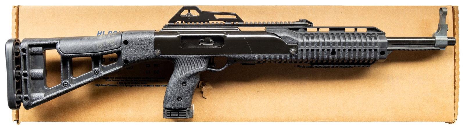 HI POINT 4595 SEMI AUTO CARBINE.: Cal. 45 ACP. S# R56241. Bbl. 17 1/2". hooded post front sight. Adjustable aperture rear sight. Top mounted picatinny rail for optics & other sights. Blued finish. Black synthetic furniture. MAGS: