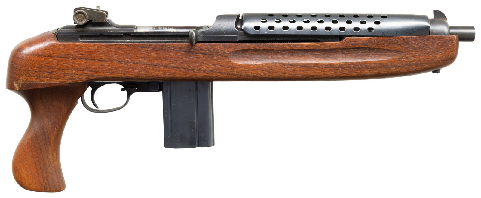 IVER JOHNSON ENFORCER SEMI AUTO PISTOL.: Cal. 30 Carb. S# BA01054. Bbl. 8 3/8". Blade front sight. Adjustable aperture rear sight. Left side of receiver has four screw holes for scope mounting. Commercial M1 Carbine style pistol made by