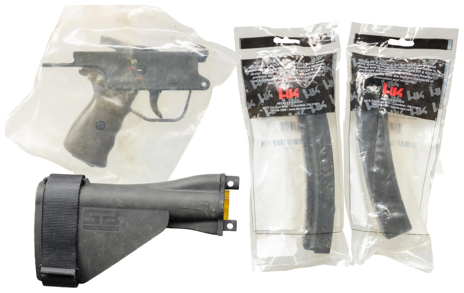 LOT OF ASSORTED HK PARTS & MAGAZINES.: Lot of assorted HK parts and mags., including: x2 sealed HK MP5 30-rd. mags., x1 (likely Portuguese) M/961 (G3) "S", "E", "F" marked trigger pack housing with full auto trigger pack, as well as an SB 
