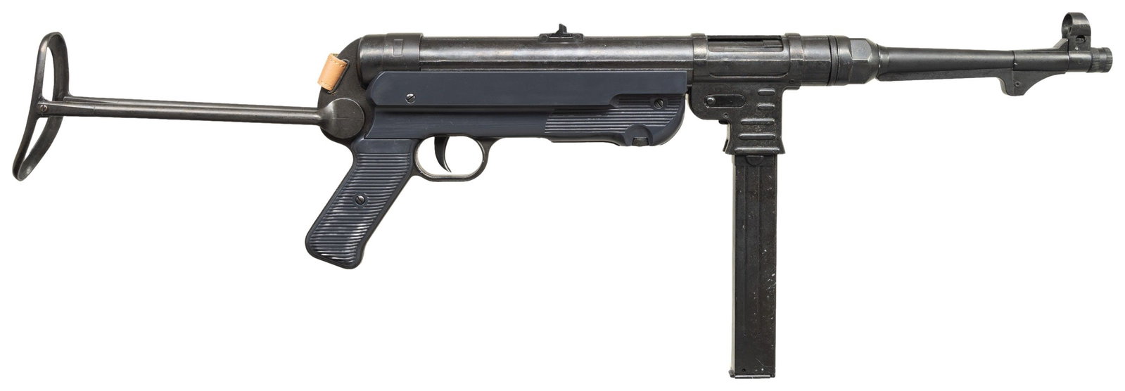 MP40 DUMMY MACHINE GUN.: MP40 dummy machine gun produced by an unknown mfg. Aluminum construction with black plastic housing and grips. Reproduction black leather sling. CONDIITON: good, with scattered handling marks.
