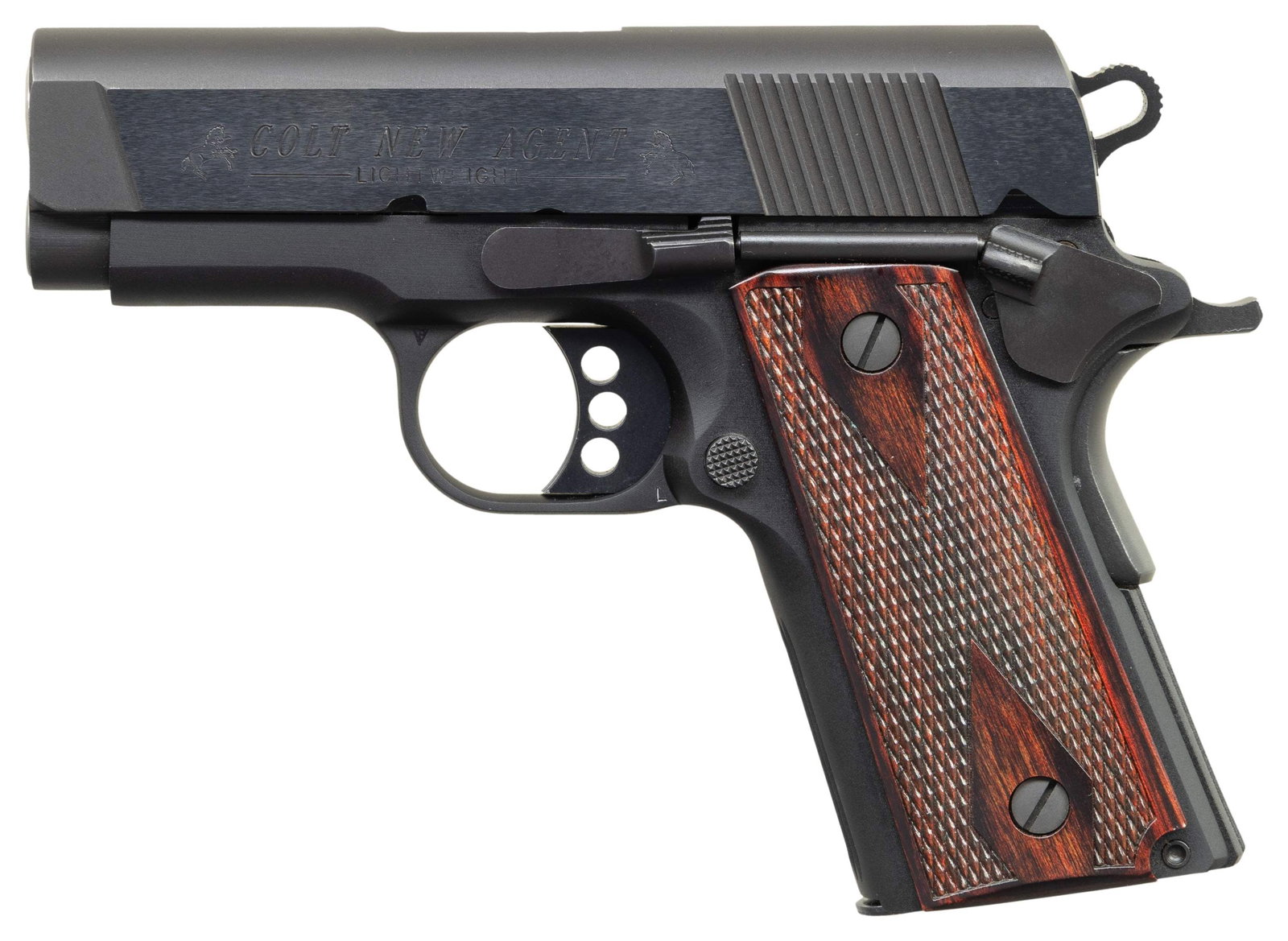 COLT NEW AGENT LIGHTWEIGHT SEMI AUTO PISTOL.: Cal. 45 ACP. S# GT08653. Mfg. 2011. Standard configuration w/ 3" bbl., blued finish & wood grips. MAGS: 1 - 7 rd. UNATTACHED ACCESSORIES: matching blue Colt plastic case w/ paperwork & lock.