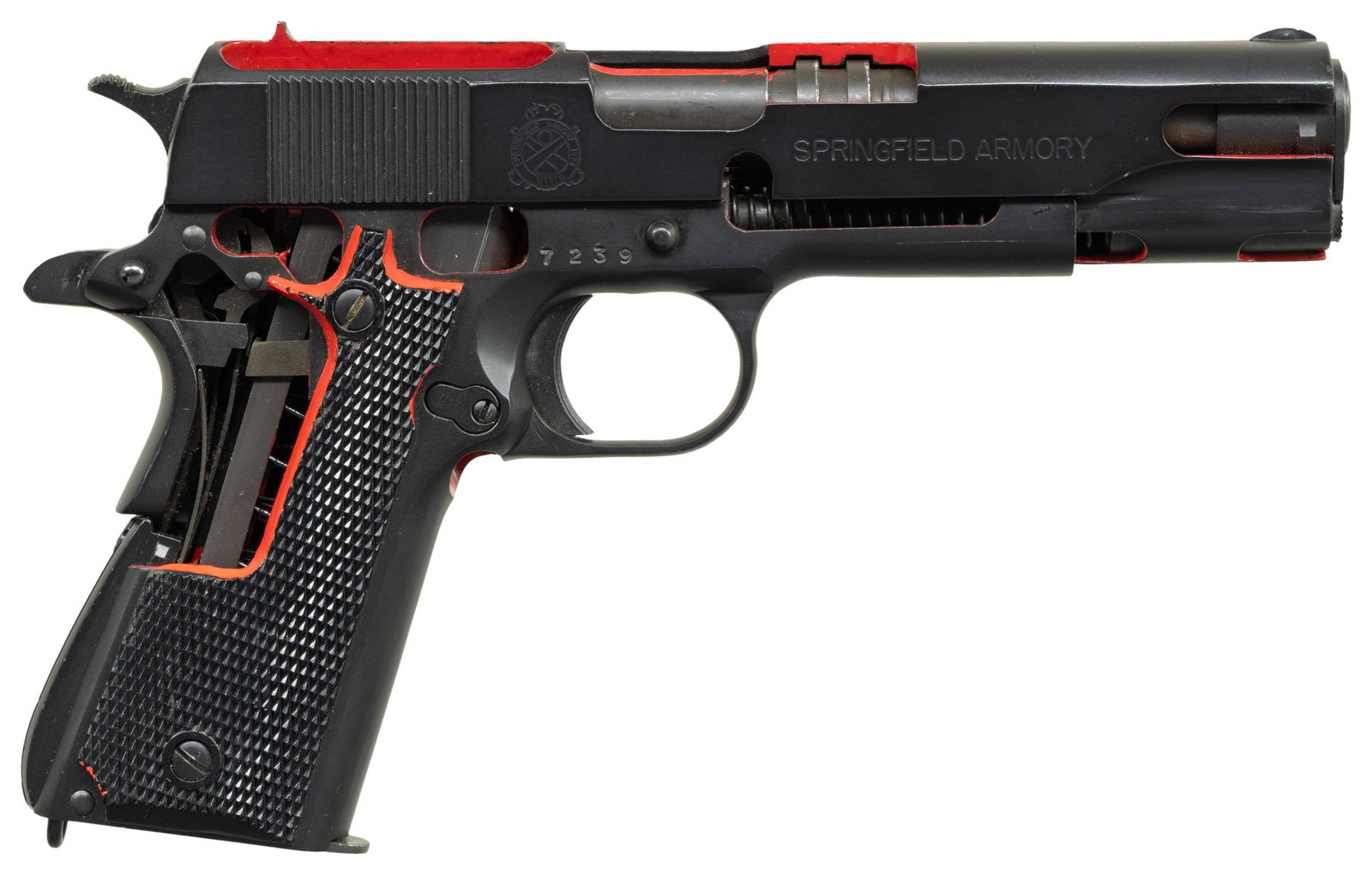 SCARCE SPRINGFIELD ARMORY INC 1911A1 CUTAWAY: PISTOL. Cal. 45 ACP. S# 7239. Bbl. 5". GI style sights. Scarce 1985 Springfield Inc. factory 1911 cutaway pistol. Right side of gun has 9 cutaway sections to view inter workings. Left side has 5 remov