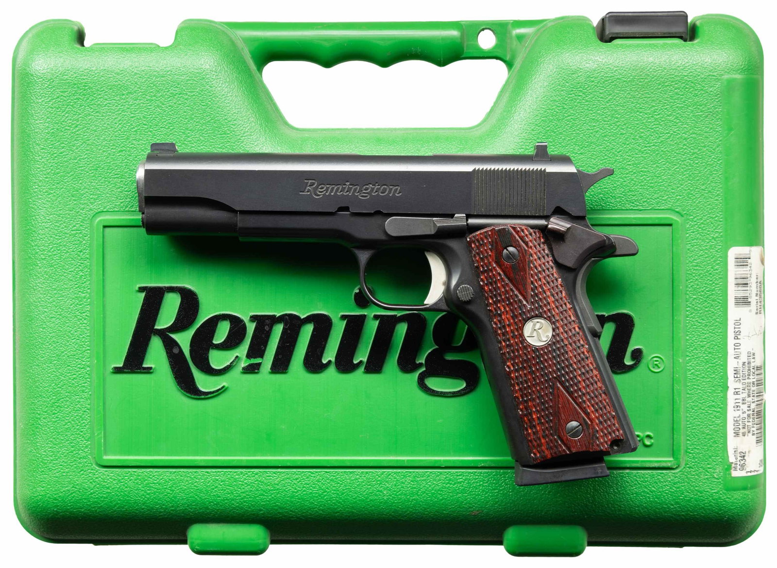 REMINGTON 1911R1 SEMI AUTO PISTOL.: Cal. 45 Auto (45 ACP). S# RH43560A. Standard configuration for Talo distributors with 5" bbl., Black finish & rosewood grips. MAGS: 1 - 8 rd. UNATTACHED ACCESSORIES: case w/ label w/ packaging includi