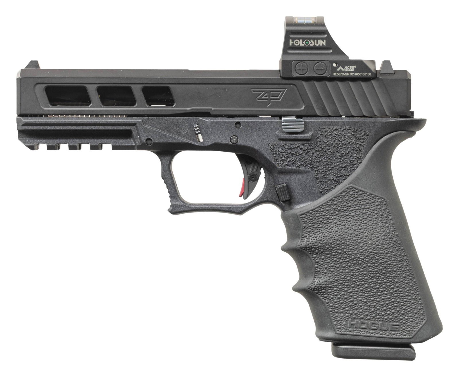 POLYMER G17 STYLE SEMI AUTO PISTOL.: Cal. 9mm Luger. S# 85212877-212. Bbl. 4 1/2". Standard Glock style sights. Slide mounted Holosun HE507C-GR sight that is functional. Custom Glock 17 style pistol. Custom ported slide & bbl. PF90V2 bla
