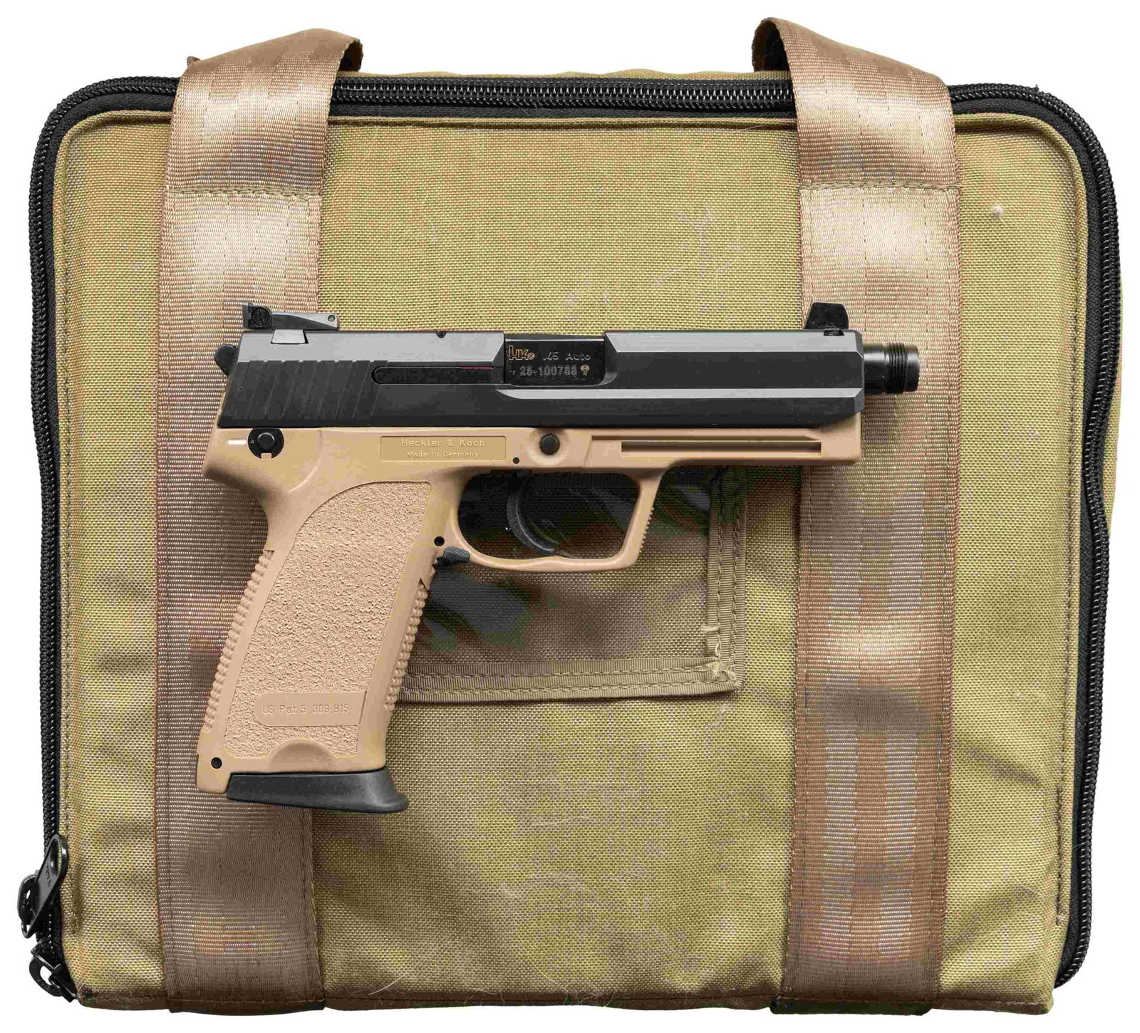 HK USP 45 TACTICAL SEMI AUTO PISTOL WITH CASE.: Cal. 45 ACP. S# 25-100788. Mfg. 2004. Standard configuration w/ threaded 5.09" bbl., Matte black slide & tan polymer frame. MAGS: 2 - 12 rd. UNATTACHED ACCESSORIES: HK case with paperwork, cleaning ki