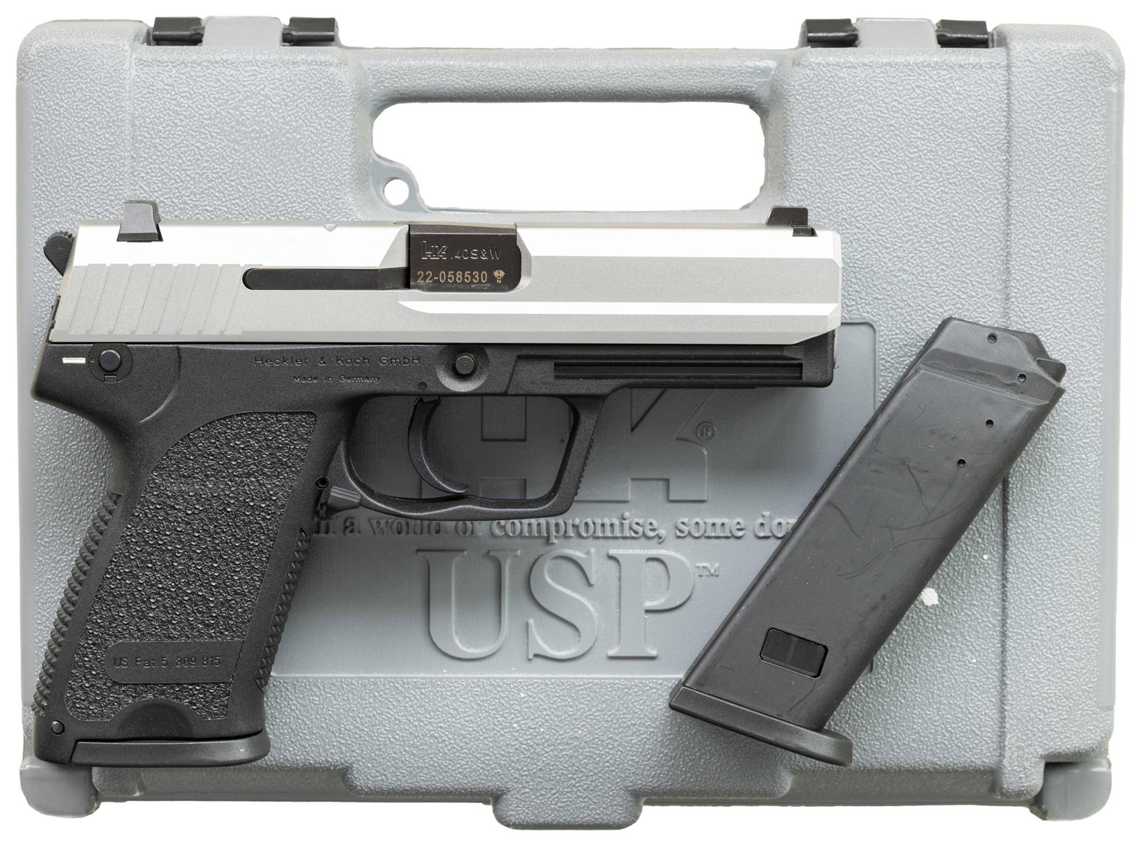 HK USP 40 STAINLESS SEMI AUTO PISTOL WITH CASE. (1 of 2)
