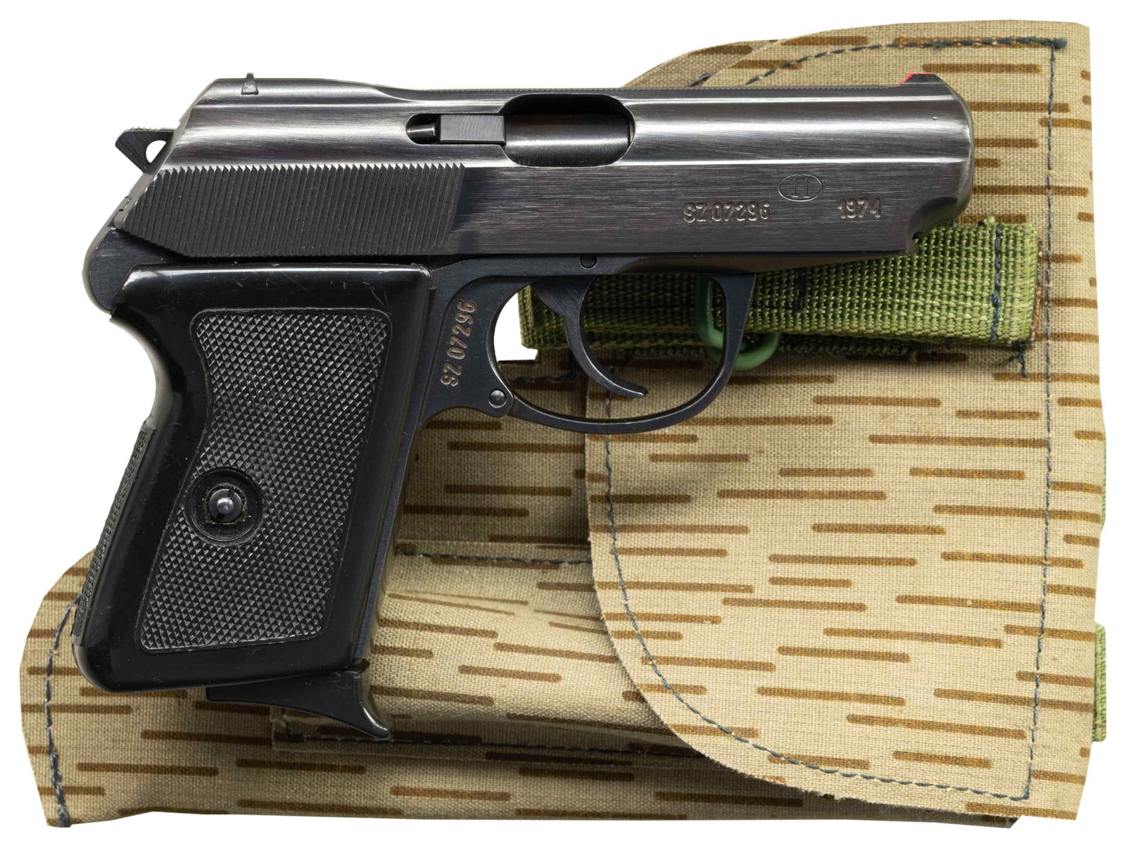 POLISH RADOM P-64 SEMI-AUTOMATIC PISTOL WITH: HOLSTER. Cal. 9x19mm Mak. S# SZ07296. Bbl. 3 5/16". P-64 semi-automatic pistol mfg. in Poland at the Radom arsenal in 1974. Left side of the slide exhibits standard factory markings "9mm" and "P-64"
