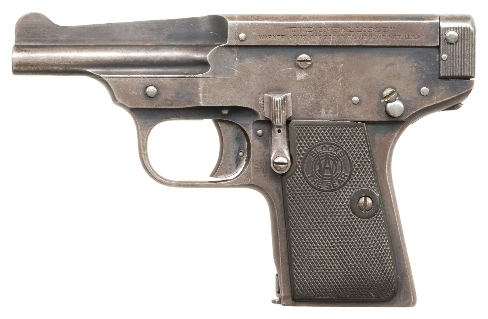 RARE WARNER ARMS CORP. "THE INFALLIBLE": SEMI-AUTOMATIC PISTOL. Cal. 32 ACP. S# 6735. Bbl. 3 1/4". 1 of approx. 7,000 "The Infallible" semi-automatic pistols (between 3 variations) mfg. by Warner Arms Corporation circa. 1917-1919. This examp