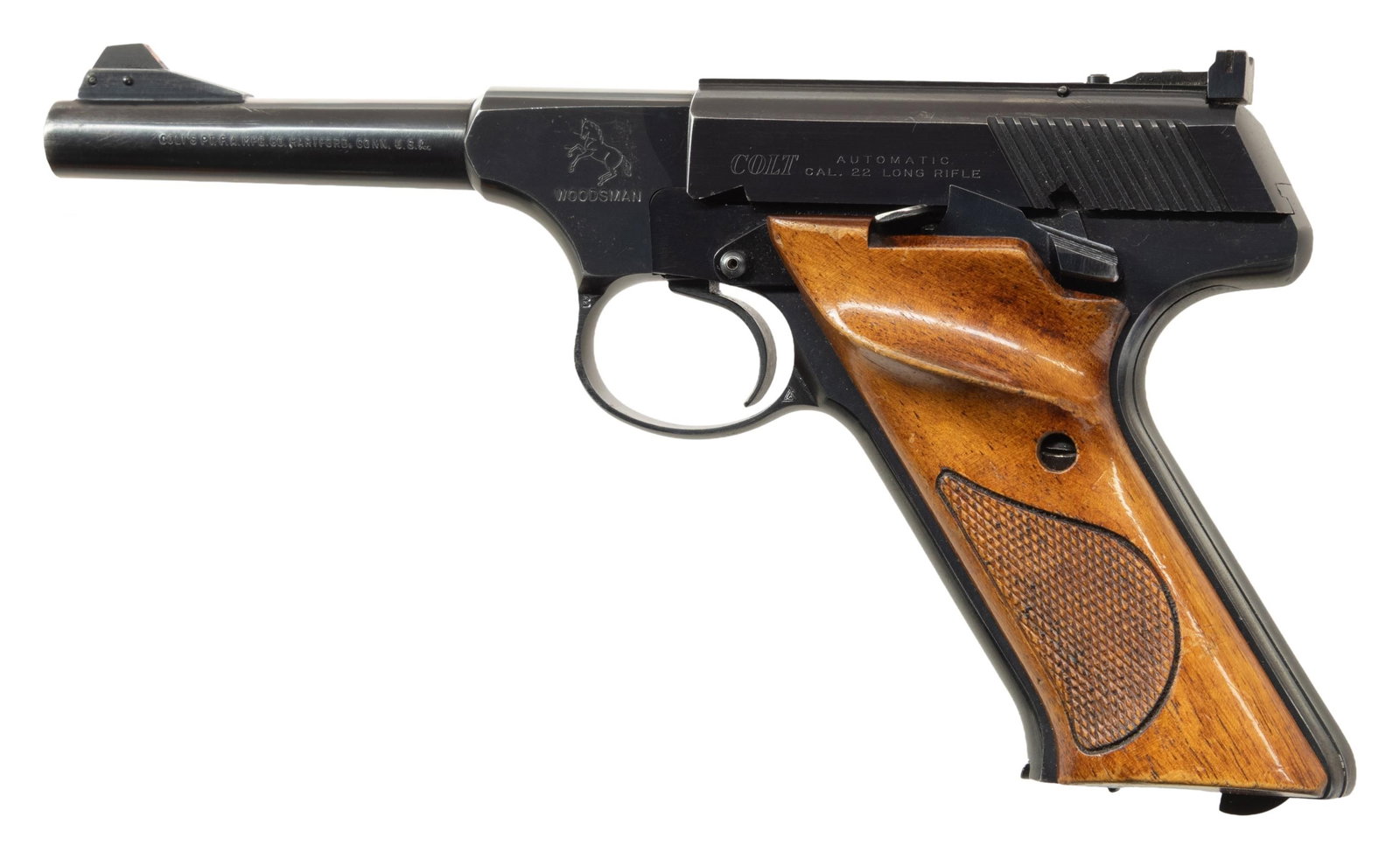 THIRD SERIES COLT WOODSMAN SEMI-AUTOMATIC PISTOL.: Cal. 22 LR. S# 212746-S. Bbl. 4 1/2". Third Series Woodsman semi-automatic pistol mfg. by Colt in 1965. Standard markings overall. Metal components exhibit a blue finish. Frame is mounted with 2-piece