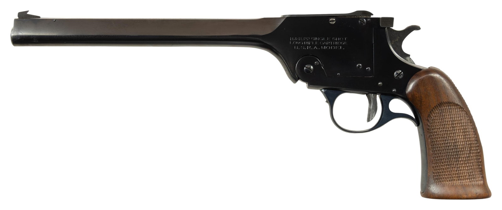 HARRINGTON & RICHARDSON USRA SINGLE SHOT PISTOL.: Cal. 22 LR. S# 2194. Bbl. 10" barrel. Patridge adj. front sight & adj. rear sight. Straight grooved trigger. Checkered one piece walnut grip. CONDITION: very good overall; shiny bore with sharp riflin