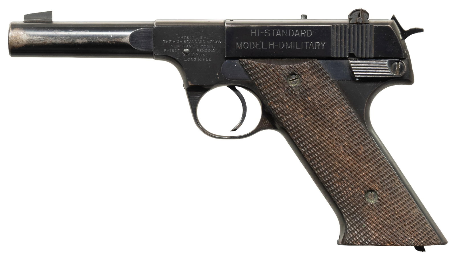HIGH STANDARD HD MILITARY SEMI AUTO PISTOL.: Cal. 22 LR. S# 223190. Bbl. 4 1/4". Blade front sight. Adjustable rear sight. Blued finish. Checked walnut grips. MAGS: 1-10 rd. CONDITION: grips show a couple light chips, scattered checkering wear &