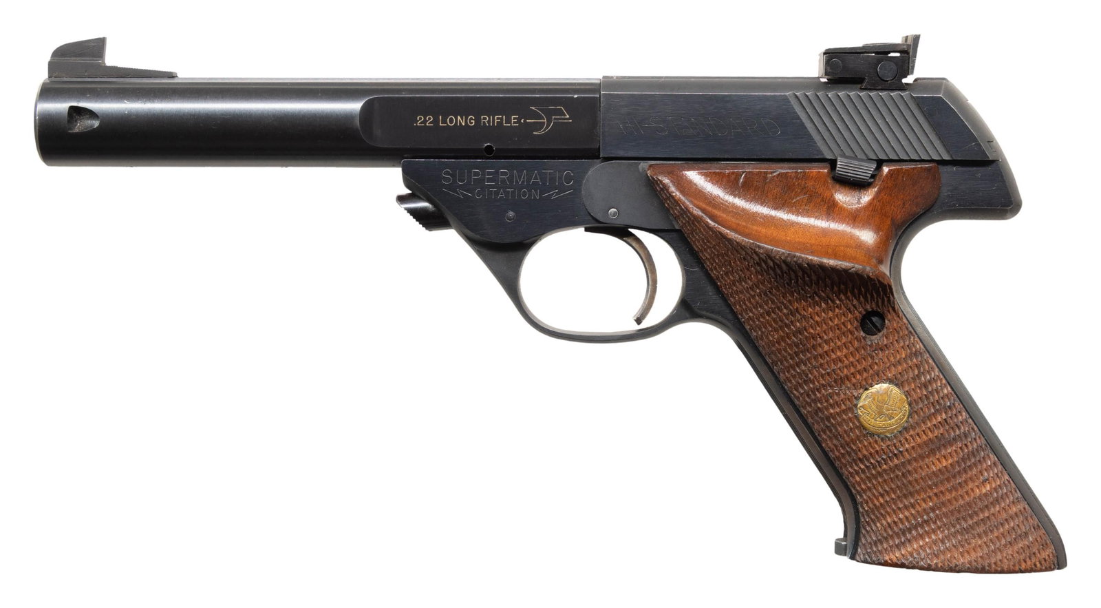 HI-STANDARD SUPERMATIC CITATION MODEL 103 SEMI-: AUTO PISTOL. Cal. 22 LR. S# 1293579. Bbl. 5 1/2" bull with serrated top, Patridge front sight, recessed target crown, factory machined for muzzle brake, push button frame release, gold highlights in m
