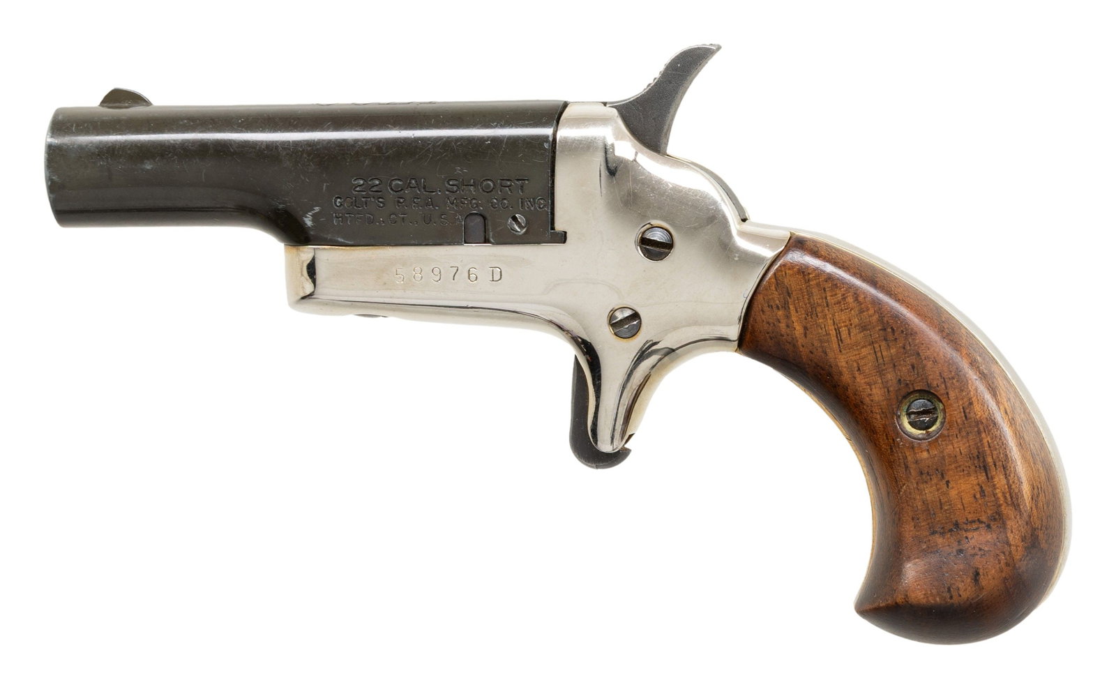 COLT / BUTLER FOURTH MODEL DERRINGER.: Cal. 22 S. S# 58976D. Mfg. by Butler of New Haven, CT on commission from Colt from 1959-1963. Black finished 2 7/16" bbl. Nickel frame w/ wood grips. CONDITION: very good overall. Sharp rifling. Mecha