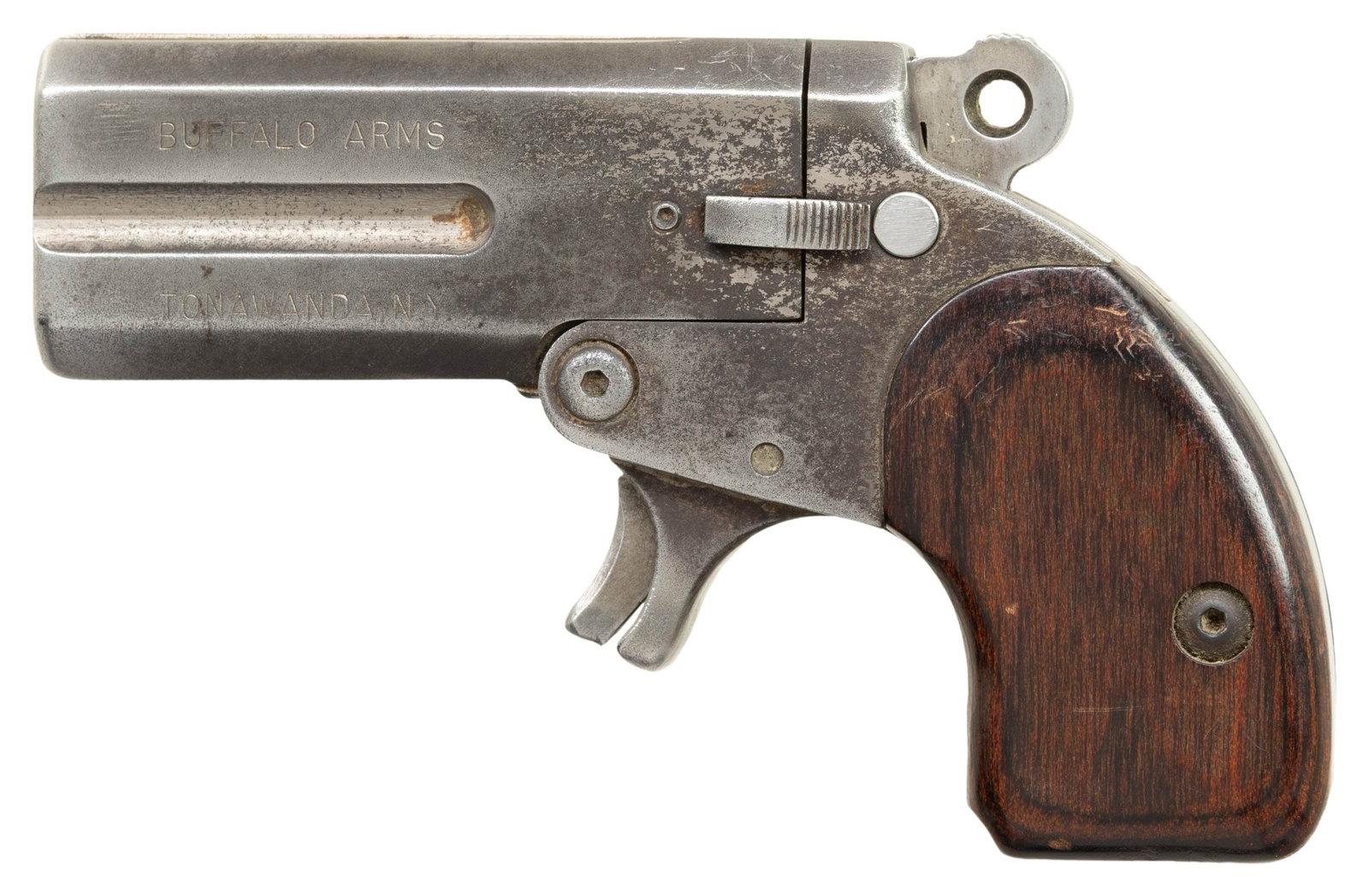 BUFFALO ARMS MODEL 1 DERRINGER PISTOL.: Cal. 357 Mag. S# 5856. Bbls. 3". No sights. Nickel finish. Smooth hardwood grips. CONDITION: fair with dings & handling marks on grips. Metal shows flaking, oxidation & light pitting. Action functions