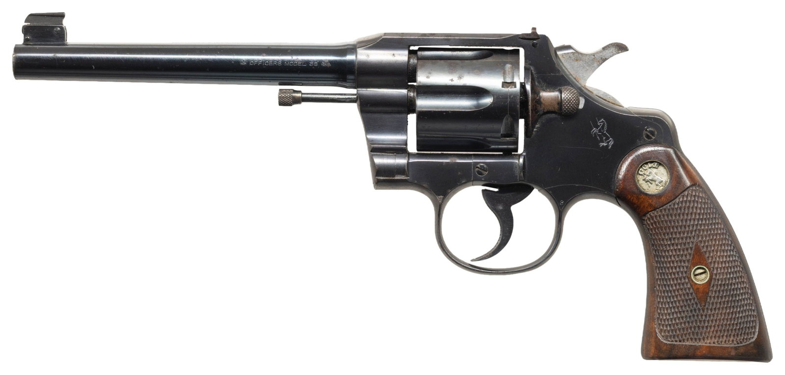 PRE-WAR COLT OFFICERS MODEL TARGET .38 DOUBLE: ACTION REVOLVER. Cal. 38 Colt. S# 428035. Bbl. 6". Officers Model Target double action revolver mfg. by Colt in 1917. Left side of the bbl. is marked "OFFICERS MODEL 38" between 2 Maltese crosses, wit