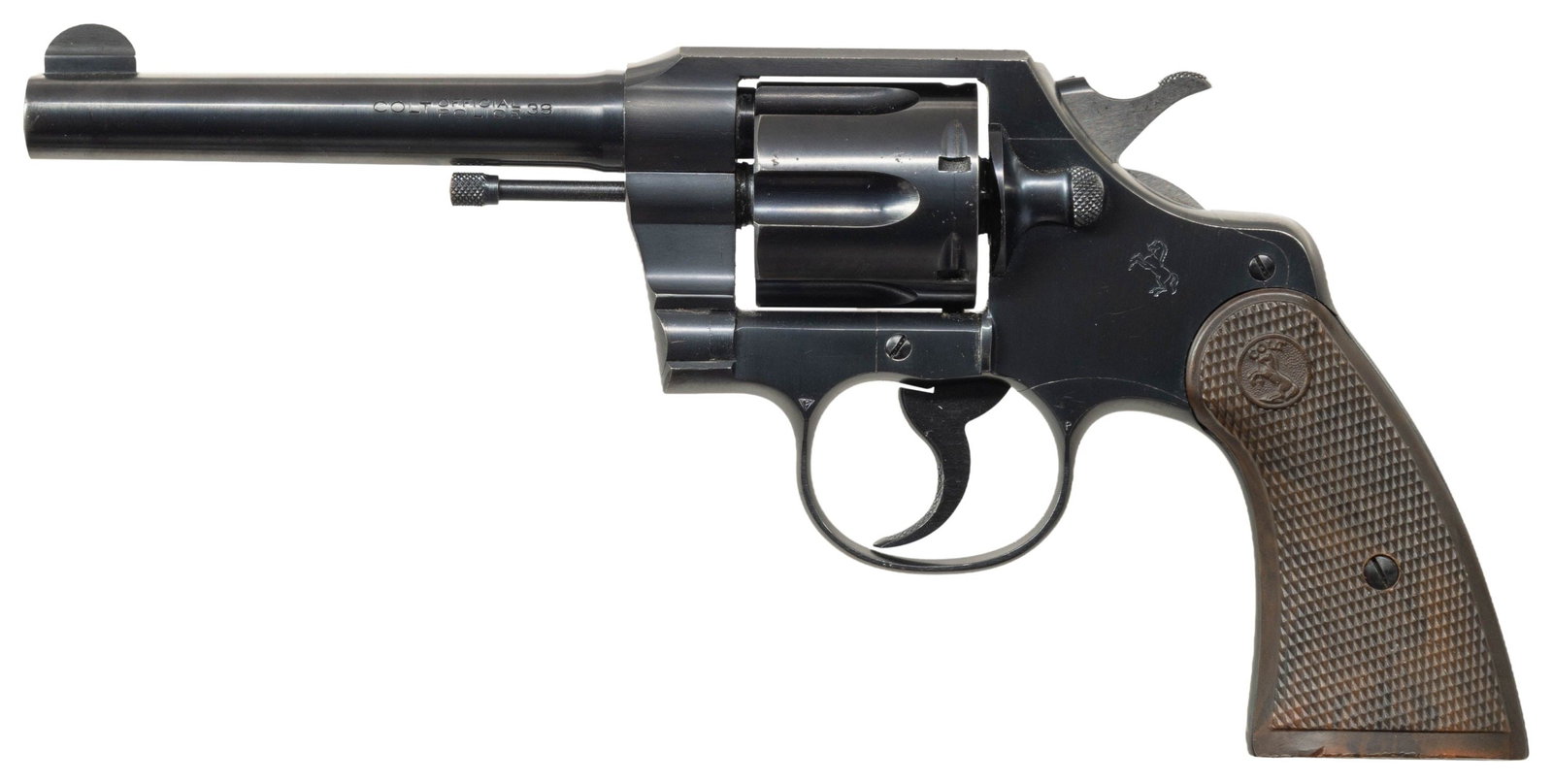 NICE COLT OFFICIAL POLICE DOUBLE ACTION REVOLVER.: Cal. 38 Spl. S# 670427. Bbl. 5". Official Police double action revolver mfg. by Colt in 1941. Left side of the bbl. is marked with the model and cal. designations, with Colt's 2-line mfg. and patent i