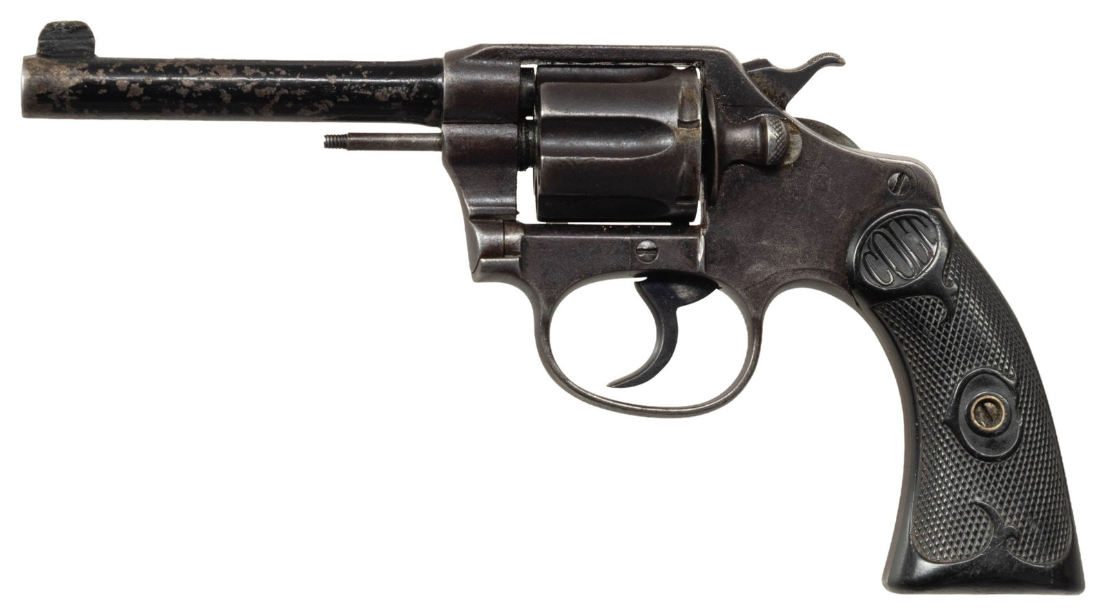 COLT POCKET POSITIVE DOUBLE ACTION REVOLVER.: Cal. 32 Police. S# 146552. Bbl. 4". Pocket Positive double action revolver mfg. by Colt in 1929. Standard factory markings, with blue finish and black enamel finished bbl. 2-piece "COLT" checkered bro