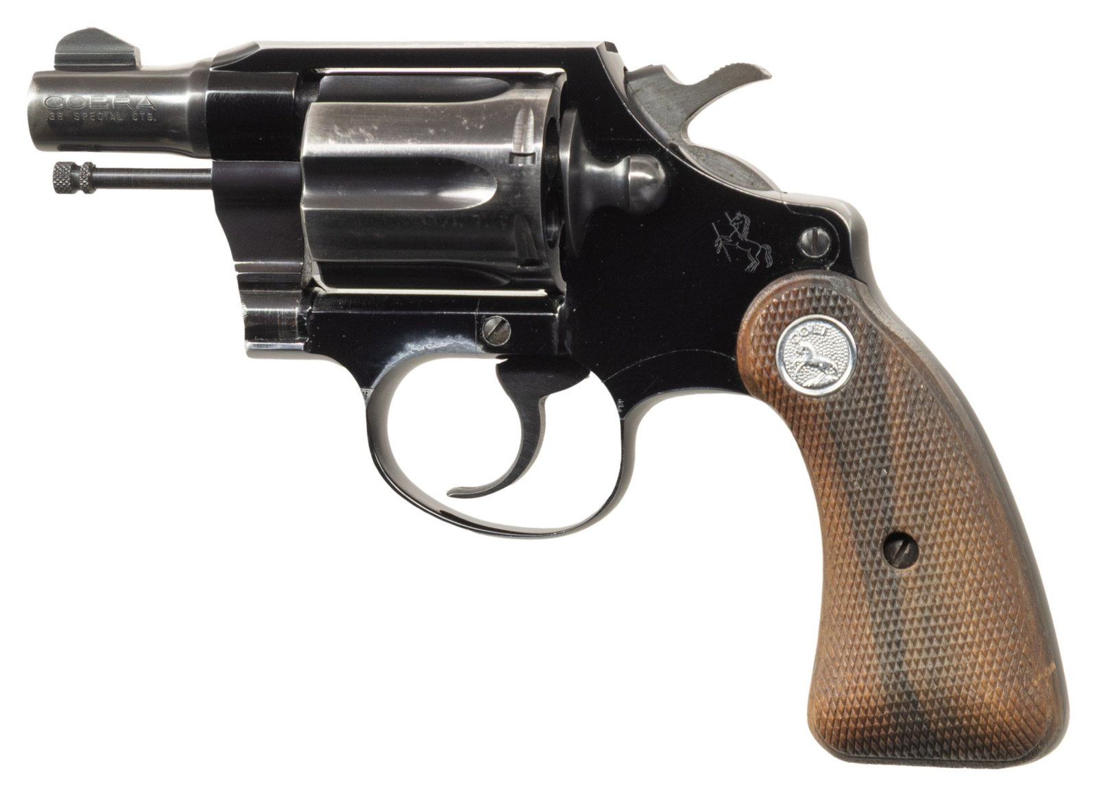 FIRST SERIES COLT COBRA DOUBLE ACTION REVOLVER.: Cal. 38 Spl. S# 61885LW. Bbl. 2". Cobra double action revolver mfg. by Colt in 1957. Left side of the bbl. is marked with the model and cal. designations, with Colt's 2-line address marked on the righ