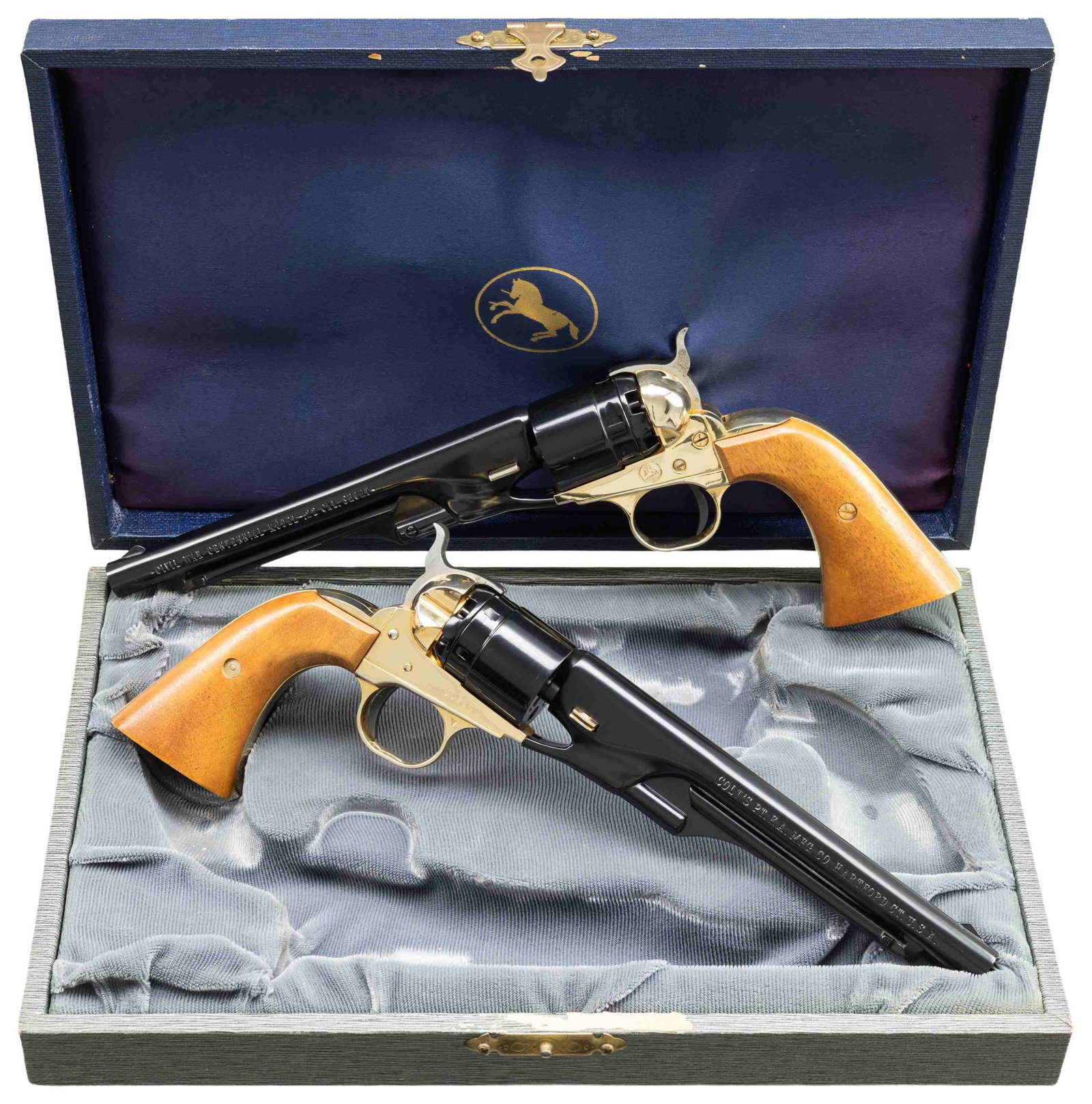 FINE CASED CONSECUTIVE PAIR OF COLT CIVIL WAR: CENTENNIAL MODEL SINGLE ACTION REVOLVERS. Cal. 22 Short (Both). S# 11714W & 11715W. Bbls. 6". Consecutive pair of Civil War Centennial Model (1860 Army pattern) single action revolvers mfg. by Colt in