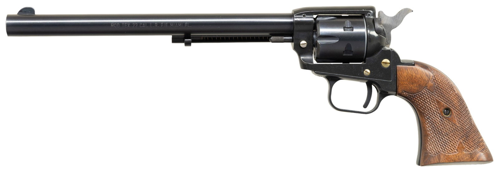 FIE TEX 22 "TEXAS RANGER" SA REVOLVER.: Cal. 22 LR. S# TX89082. Bbl. 9". 6 Shot cyl. Walnut grips with added checkering. CONDITION: very good overall showing light handling marks. Very good rifling. (26-2130/MD). MODERN. $150-250.
